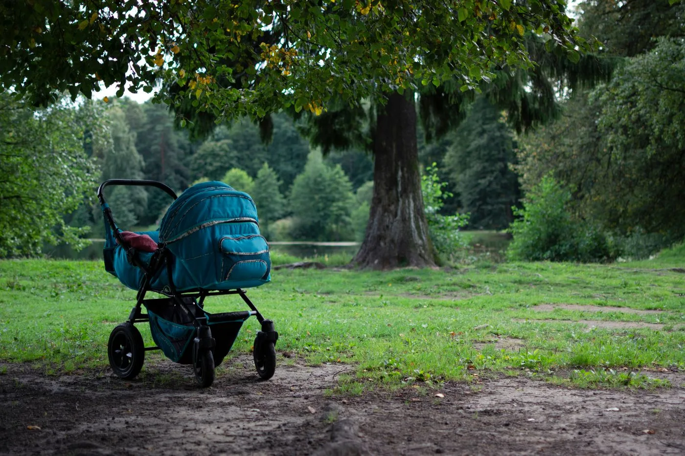 Une poussette dans un parc, pour illustrer les déplacements du quotidien, sans identifier un modèle testé.